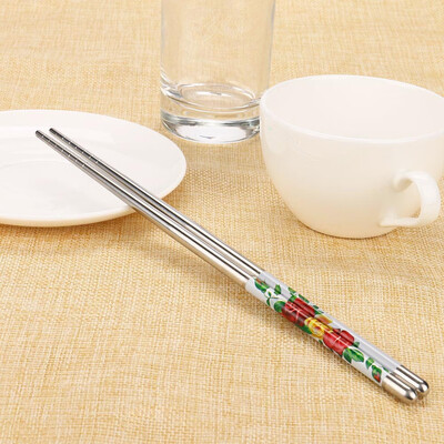 

JPGIF 1Pair Length White Flower Pattern Stainless Steel Chopsticks Pair New