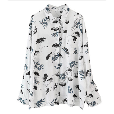 

Women Leaves Floral Print Blouses Long Sleeve Shirt Turn Down Collar Casual Loose Blouse Tops 2019 Women Vintage Cotton Shirt