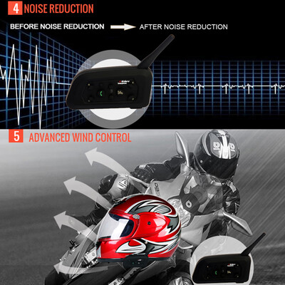 

V6-1200 Motorcycle Bluetooth Headset Intercom 1200M Hands-free Interphone Helmet Headset Black for Six Motorcycle Riders