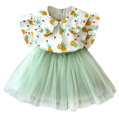 

New Kids Baby Girls Flare Sleeve Pineapple Print Cotton Shirt Top Tulle Short Skirt Princess Set
