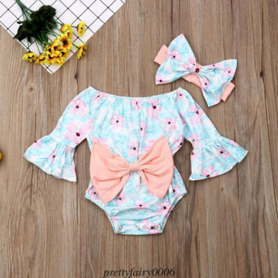 

US Newborn Kid Baby Girl Floral Romper Jumpsuit Bodysuit Bow Knot Outfit Sunsuit