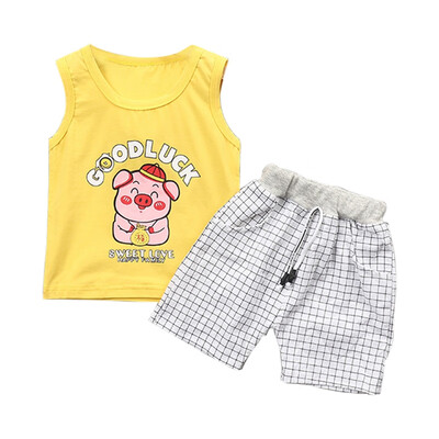 

Baby Clothes Summer Baby Boys Girls Sleeveless Cartoon Letter Print Tops Blouse VestPlaid Shorts Casual Outfits Set Boy Clothes