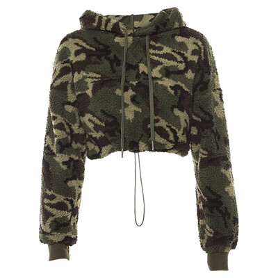 

Winter Ladies Sexy Short Sweatshirt Loose Hooded Drawstring Camouflage Long Sleeve Open Belly Plus Size Tops