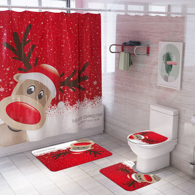 

Christmas Print Shower Curtain Carpet Mat Combination Bathroom Toilet Mat Bathroom Curtain Set 3 Piece Set
