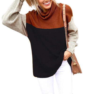

Women Long Sleeve High Collar Hit Color Stitching Knitted Loose Autumn Tops