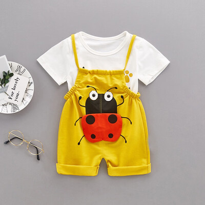 

Summer Children Kids Boys Girls Unisex Clothing Set Cartoon Printed Short-sleeved Round Collar Casual T-shirtBib Pants