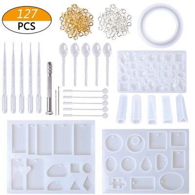 

127Pcs Jewelry Casting Mold Pendant Making Silicone Mold Resin Tool Set With Shiny Powder Spoon Mix Stick Clasp Pendant Necklace