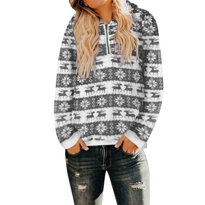 

Gobestart Women Christmas Hooded Sweatshirt Coat Winter Warm Wool Zipper Pockets Outwear