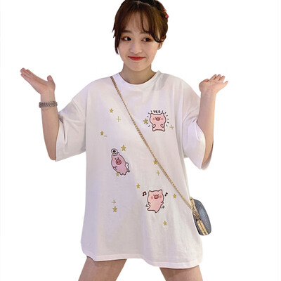

Women Tops Round Collar Summer Cartoon Pig Print Loose Short Sleeve Casual Simple Wild T-Shirt Ladies Tops
