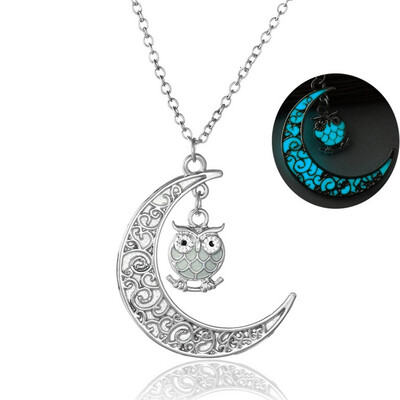 

Fashion Hollow Moon Cute Owl Luminous Necklace Phosphors Owl Glowing In The Dark