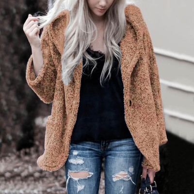 

Toponeto Women Fashion Autumn And Wnter Warm Collar Long Sleeves Plush Hat Jacket