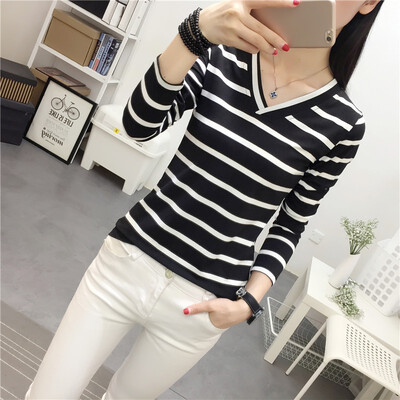 

Loose Student Bottom V-Neck Striped T Shirt Full Sleeve Black&White Stripes Women T-Shirt