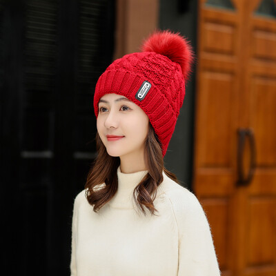 

2pcsSet Women Winter Warm Pom Hat Cap Scarf Neck Thickened Plush Wool Knit