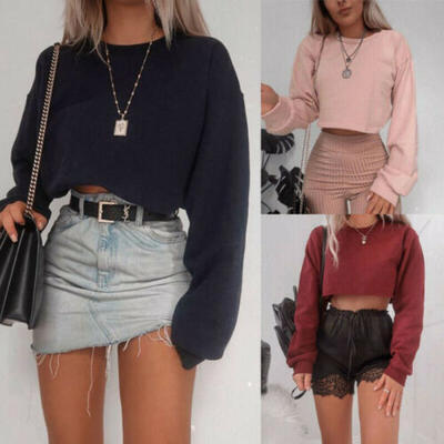 

Women Plain Hangover Crop Top Hooded Full Hoodie Sweatshirt Sports Wear 4 Colors