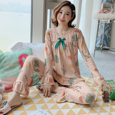 

Autumn Women Pajamas Sets Flower Print Fashion Bow Luxury Female Faux Silk Two Pieces Shirts Pants Nighties Sleepwear