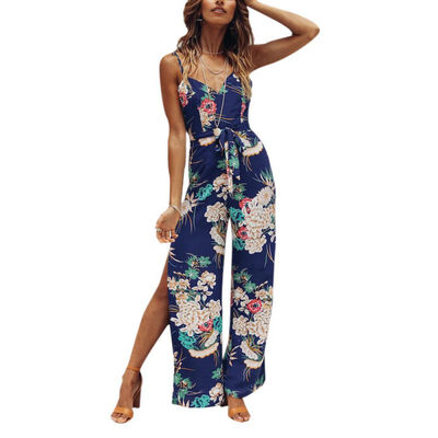 

V Neck Backless Floral Print Off Shoulder Spaghetti Strap Split Full Length Jumpsuits For Women Bodysuits Beach Overalls Female
