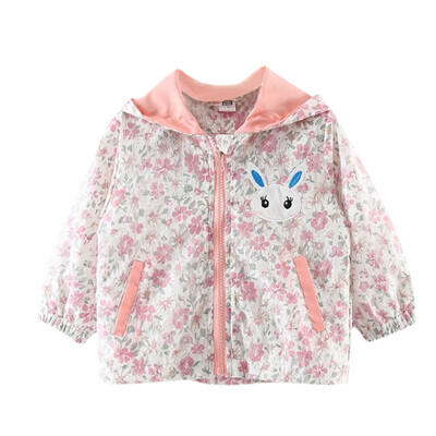 

Spring Autumn Baby Kids Girls Coat Casual Sweet Floral Printing Rabbit Pattern With Ear Long Sleeve Zipper Windbreaker Outerwear