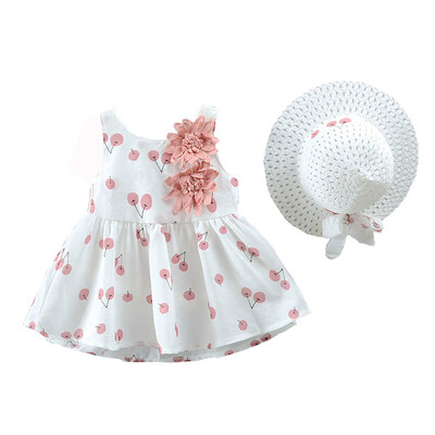 

2Pcs Baby Girls Dress Sets With Hat Kids clothes Cherry Floral Pattern Sleeveless Dresses Fashion Backless Sundress