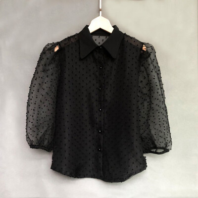 

Autumn New Blouse Women Lace Perspective Loose Polka Dot Lapel Lantern Sleeves Shirt Solid Color Mesh Blusas Mujer De Moda