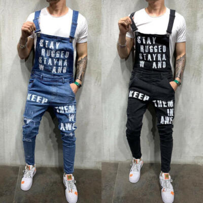 

Mens Bib Pants Denim Jeans Suspenders Overalls Skinny Ripped Destroyed Trousers