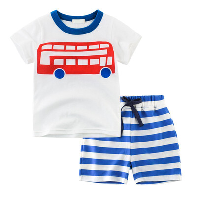 

Kids Boys Casual Short Sleeve Outfits Sets Cartoon Car Aircraft Printed Tops T-shirt Stripe Shorts 2PCS