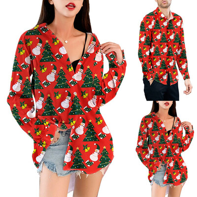 

Tailored Couple Fashion New Style Casual Snowflakes Printed Christmas Shirt Top Blouse