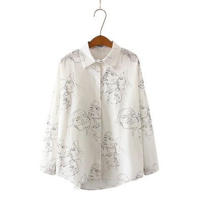 

Female Cotton Face Printing Full Sleeve Lapel Shirts Women Tops Ladies Clothing blusa feminina 2019 New Autumn Blouse Shirt