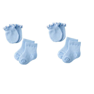 

New Cotton Infant Baby Socks Lace Anti-Scratch Gloves Socks Blue Pink 4pair two Pairs Gloves Two Pairs Socks