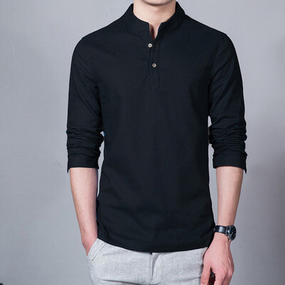 

Mens Long Sleeve Stand Collar Slim Fit Tops Buttons Solid Beach Summer Blouse