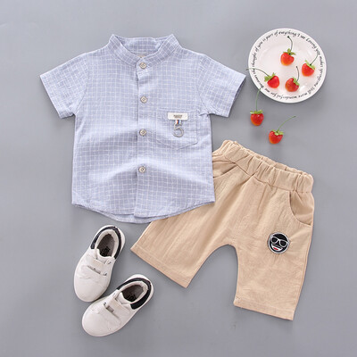 

Summer Baby Boys Children Casual Short Sleeve Plaid Print T-shirt TopsShorts Costume Set