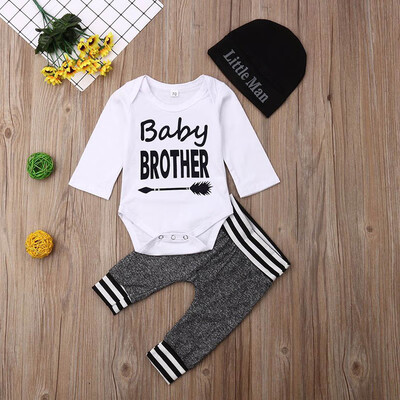 

Spring Autumn Casual Fashion Baby Letter Printing Bodysuit And Trousers And Hat Kids Three-piece Outfit Set 0-18M