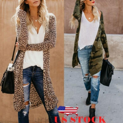 

US Women Loose Long Sleeve Cardigan Leopard Kimono Shawl Tops Blouse Coat Jacket