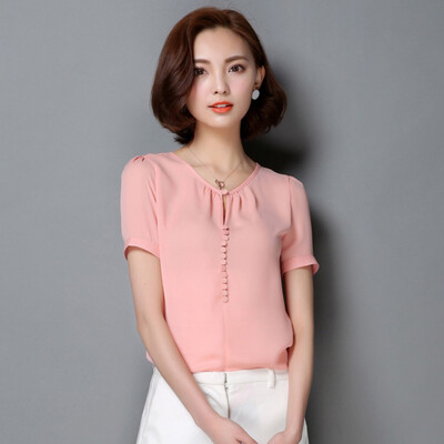 

Solid Color Fashion Women Shirts Single Breasted Short Sleeve Blouse Casual Brief Style Female Chiffon Shirt