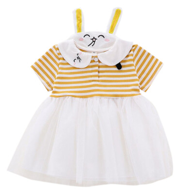 

Summer Casual Baby Girls Short Sleeve Stripe Pattern Patchwork Mesh Dress Kids Dresses 0-24M