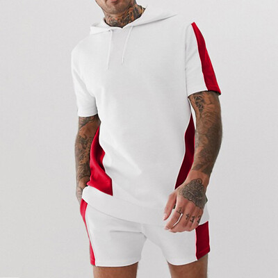 

Toponeto Men Shirt&Shorts Hooded Outfit Pocket Sports Color Block Two Piece Set
