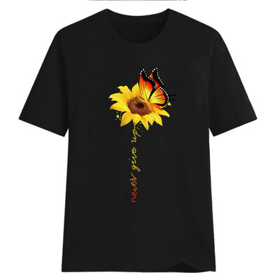 

Never Give Up Letter Butterfly Sunflower Short Sleeve T-Shirt Women Summer Top