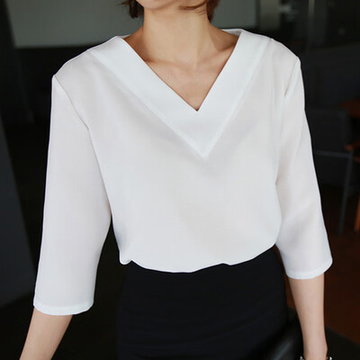 

Womens Business Casual Chiffon Blouse 3 Sleeve Loose Tunic Shirts V Neck Tops