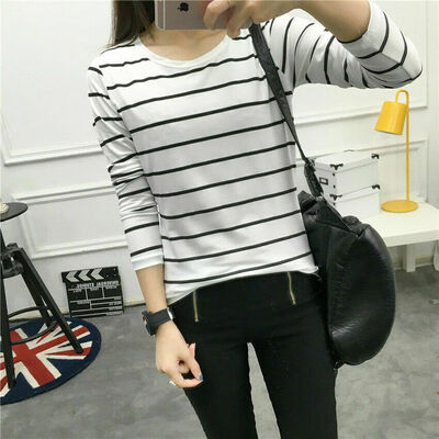 

Fashion Women Long Sleeve Slim Fit T-Shirt Ladies Round Neck Stripe Basic Tops