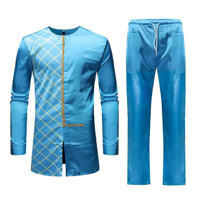 

Toponeto Mens Autumn Winter Luxury African Print Long Sleeve Dashiki Shirt Suit