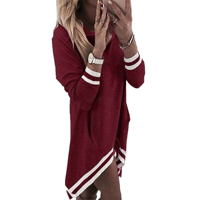 

New Fashion Autumn Women Casual Long Sleeve Dress Loose Hooded Stripe Stitching Dresses