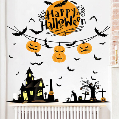 

Happy Halloween Wall Decals Pumpkins Spooky Cemetery Witch&Bats Tomb Wall Stickers for Halloween Decoration