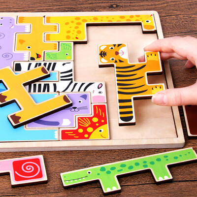 

YIWULAWooden Jigsaw Giraffe Animals Block Toys Tetris Game Kids Educational Toys