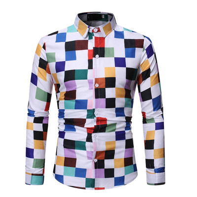 

Toponeto Mens Ethnic Style Vintage Printing Slim Long Sleeve Dress Shirt Blouse Tops