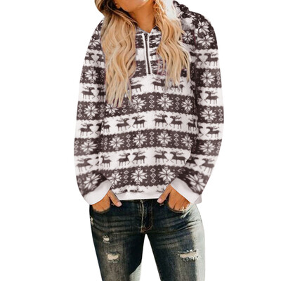

Gobestart Women Christmas Hooded Sweatshirt Coat Winter Warm Wool Zipper Pockets Outwear