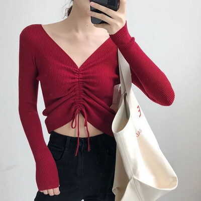 

sweater women Sexy lace up knitting pullover top Fashion autumn winter Chic pink V-neck knit slim jumper pull femme 2019 New