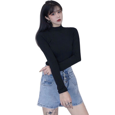 

Korean Style Semi-high Collar Solid Color Self-cultivation Wild Long-sleeved T-shirt Yellow