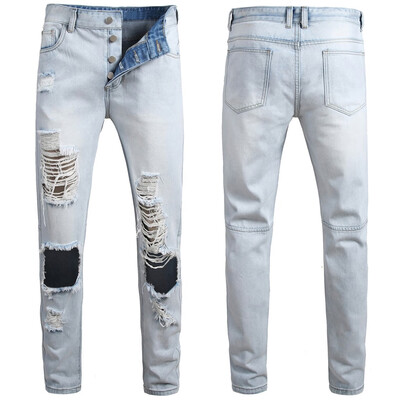 

Gobestart Mens Casual Denim Straight Hole Jeans Multi-button Trousers Long Pant