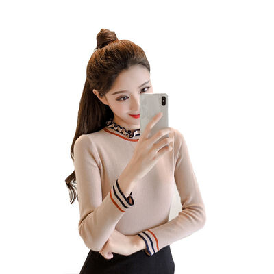 

Fashion Knitted Slim Long Sleeves Bottoming Tops Ruffles Half High Coullar Sweaters Women Autumn Striped Print Pullovers Female