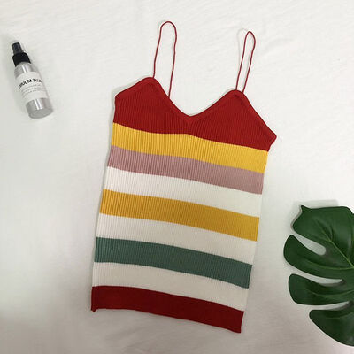 

Women Rainbow tops fashion top casual Stripe Print Wrapped Chest Slim Knitting Vest Bottoming Stretch Sling Bottoming Camisole