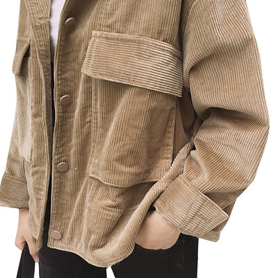 

2020 New Women Spring Autumn Lapel Long-Sleeved Solid Color Coat Loose Casual Pocket Corduroy Jacket